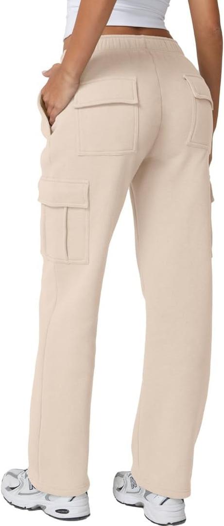QINSEN Baggy Medium Waist Elastic Sweatpants for Womens Casual Long Fleece Cargo Pants with Pockets (X-Large, Beige)