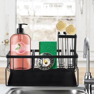 Tendry Sponge Holder for Kitchen Sink Caddy Organizer, Soap Sponge Caddy with Brush Holder, Rustproof Sink Accessory with Dividers for Storage Kitchen Gadgets, Black
