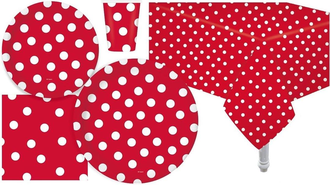 Serves 30 Complete Party Pack Red Polka Dot Party Supplies 9" Dinner Paper Plates 7" Dessert Paper Plates 9 oz Cups 3 Ply Napkins 2 Red Polka Dot Table Cover Size: 54" x 108"