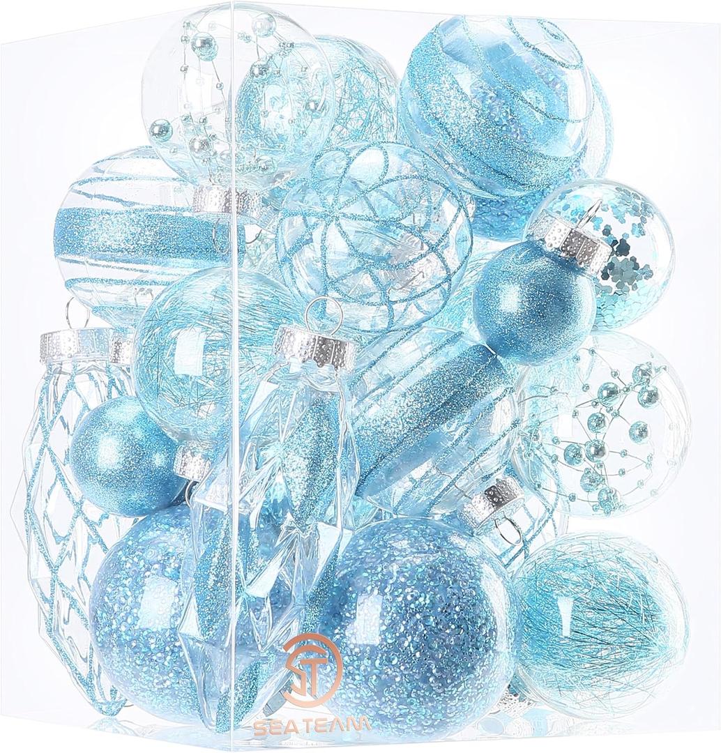 Sea Team Multi-Size Shatterproof Clear Plastic Christmas Ball Ornaments, Pendants, Drops, Finials, Decorative Xmas Tree Baubles Set with Stuffed Delicate Decorations (32 Counts, Babyblue)