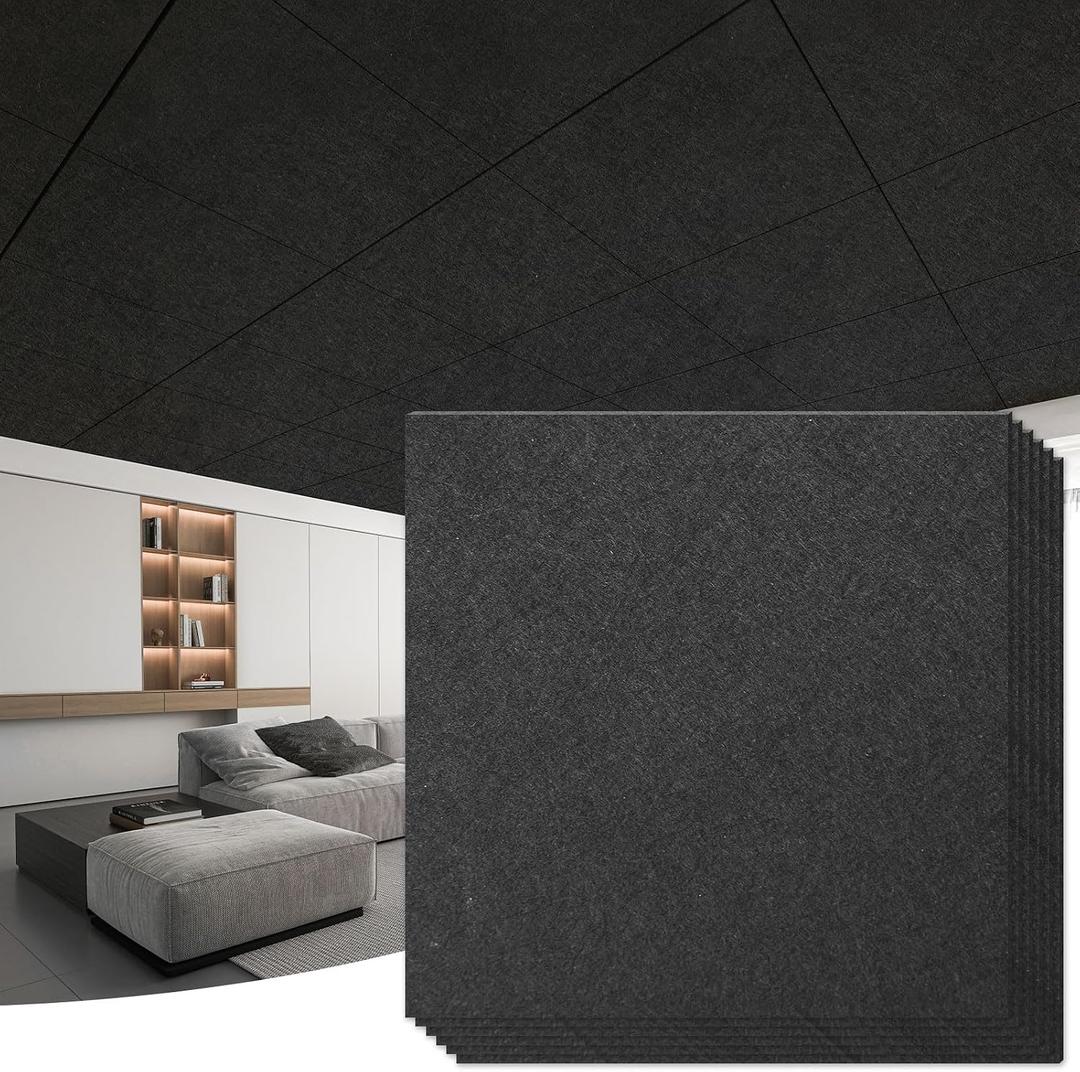 Art3d Acoustic Polyester Drop Ceiling Tiles, Waterproof 12-Pack 2ft x 2ft Ceiling Panels for Office Basement Kitchen Recording Room, No Sag BreakageReusable,Covers 48 Sq.Ft, Black, 24*24 12pcs