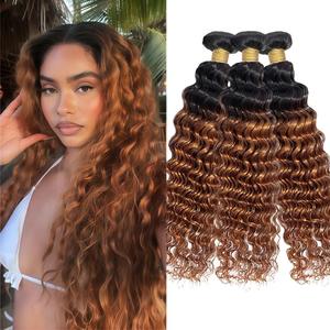 Ombre Light Brown Deep Wave Bundles Human Hair 26 28 30 Inch Brazilian Virgin Hair for Black Women 12A Wet and Wavy Human Hair Weave (Black Ombre Light Brown#T1B/30)