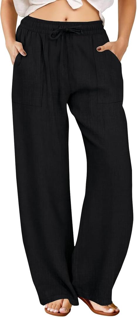 FireSwan Womens Palazzo Pants Casual Drawstring Flowy Pants Wide Leg Summer Beach Linen Trousers with Pockets (Large, Black)