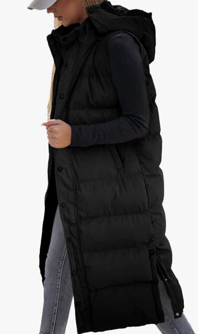 Women's long Quilted Vest hooded sleeveless Button Down puff vest cotton padded jacket winter coat Size S