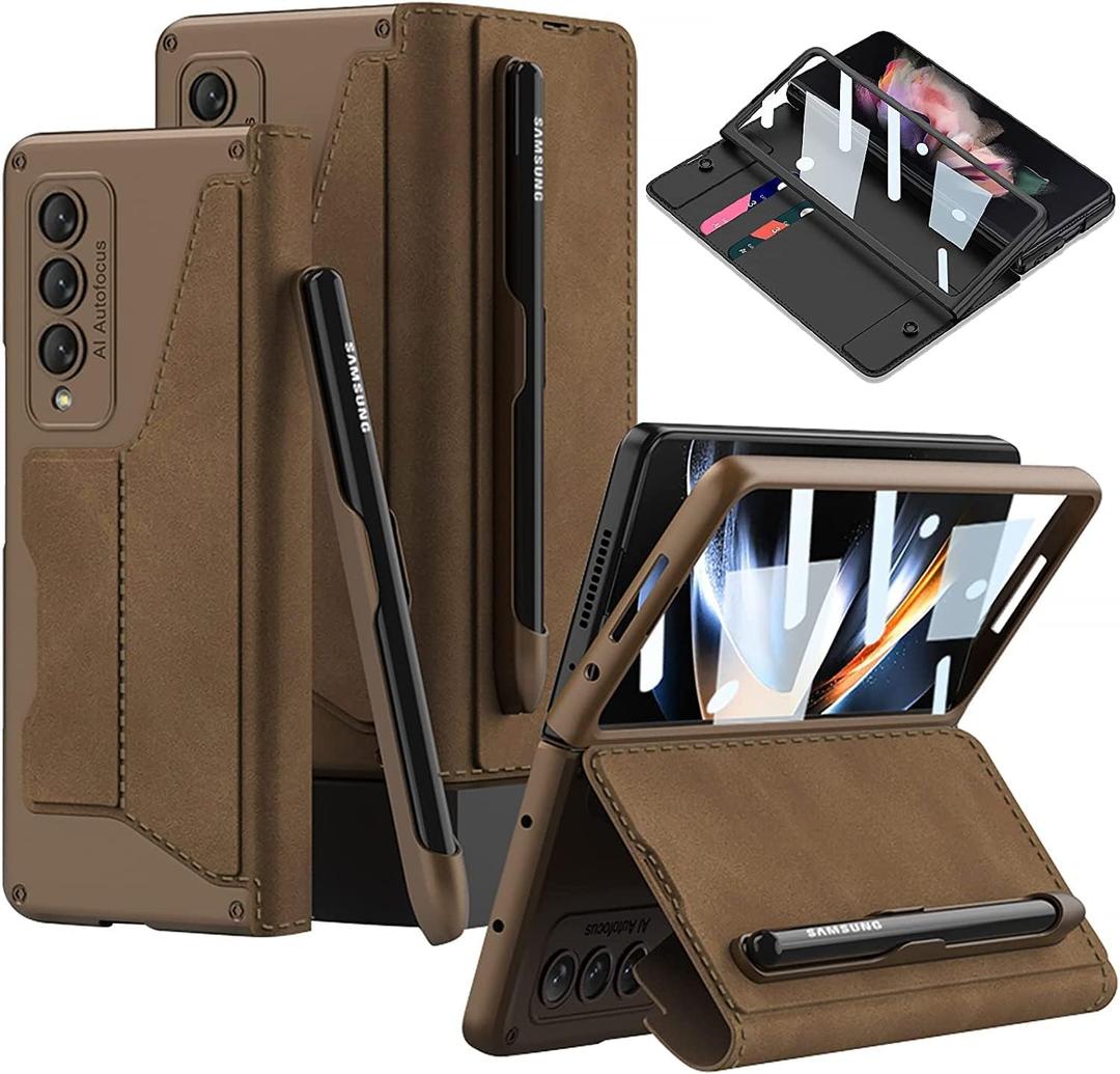 DEMCERT for Samsung Galaxy Z Fold 3 5G with S Pen Slot, Military Armor Cases Full Body Protective Anti-Scratch Hard Slim Leather Bracket Case with Screen Protector for Galaxy Z Fold 3 5G (Brown)