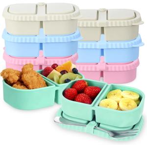 LemonRoad 8 Pack Reusable Snack Containers with Lids 8.5 oz Double Compartment Food Storage Box for Snack, Fruits, Picnic, Meal Prep, Travel, Office, Learning Places (Blue Pink Green White)