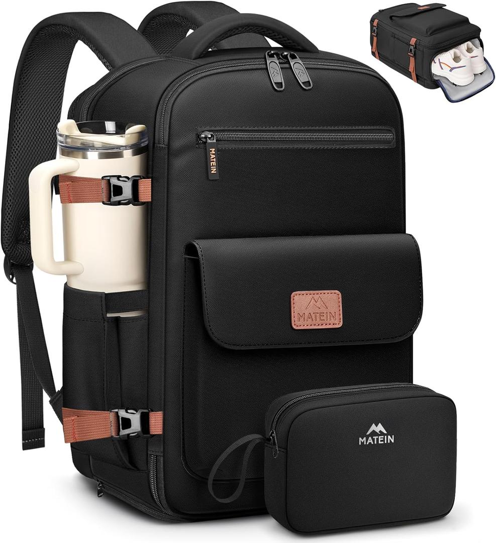 MATEIN Personal Item Backpack 18x14x8 for Frontier, Underseat Travel Backpack with Water Bottle Holder Fit 15.6" Laptops, TSA Approved Luggage Bag with Shoe Compartment for Airlines, 2 Pcs Set (Black)