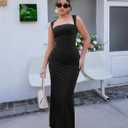 Women's Elegant Sleeveless Square Neck Bodycon Ruched Long Evening Party Dress (Black)