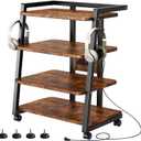 Mobile AV Media Stand with Outlets and 4 Rolling Caster Wheels, 4-Tier Rolling TV Stand for Gaming Console, Stereo, DVD Player, Sturdy Metal Frame, Versatile Living Room,Bedroom (Retro Brown)