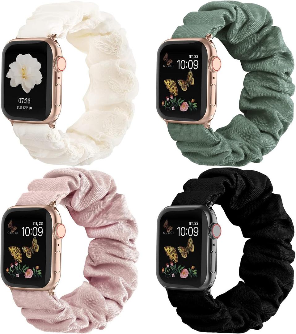 Recoppa Compatible for Apple Watch Band Scrunchie 38mm 40mm 41mm 42mm 44mm 45mm 46mm Cute Printed Elastic Solo Loop Bands Women Bracelet Strap for iWatch Series 10 9 8 7 6 5 4 3 2 1 SE, 4 Packs (Black/Floral Lace/Pink/Pine Green)