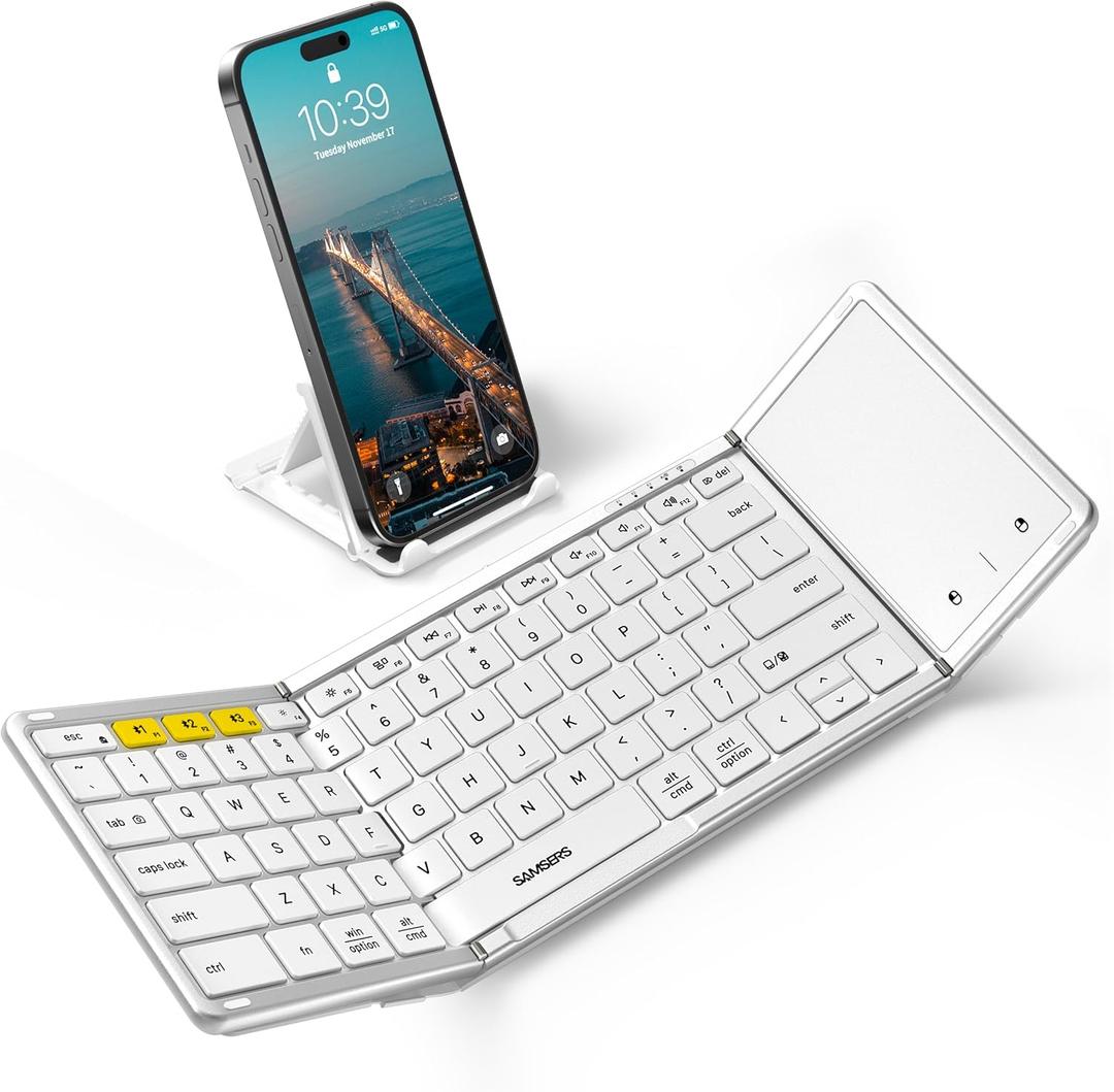 Samsers Foldable Bluetooth Keyboard with Touchpad, FullSize Wireless Folding Keyboard with PU Leather, Portable Travel for iOS Android Windows Mac OS, Support 3 Devices (BT5.1 x 3), Silver