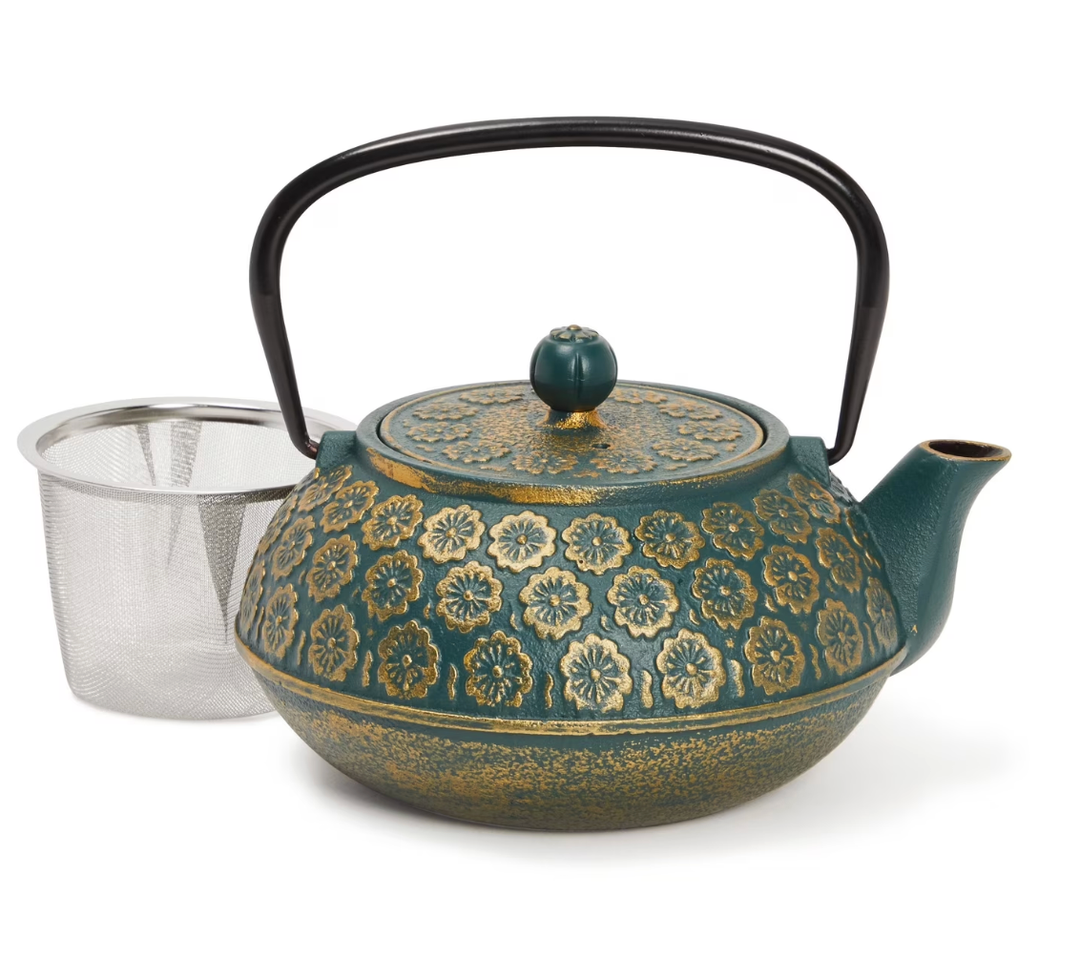 Green Floral Cast Iron Teapot Kettle with Stainless Steel Loose Leaf Infuser (34 oz)