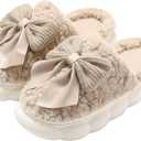 Plush Cute Bow Slippers for Women Furry Comfy Indoor Outdoor Non-Slip House Slippers (M)