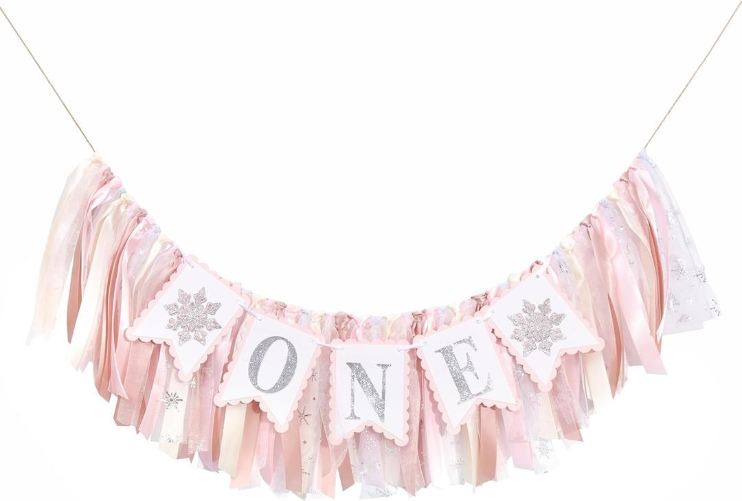 Snowflake One High Chair Banner - Girl's 1st Birthday Party Banner, Winter Wonderland Decorations, Smash Cake Photo Props, Pink