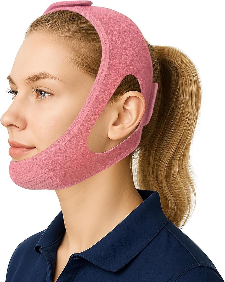 Chin Strap for Sleeping and CPAP Users, Comfortable Jaw Support to Keep Mouth Closed Positioning Nasal Breathing for Men and Women Who Breathe Through The Mouth During Sleep (Pink, L-XL)