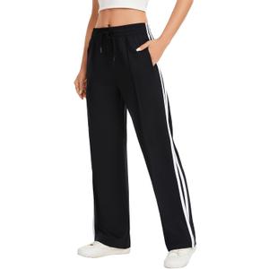 Sythyee Womens Track Pants with Zipper Pockets – Loose Straight Leg Sweatpants, Athletic Joggers for Running, Workout Casual & Lounge, Black/ White M, 34" Inseam
