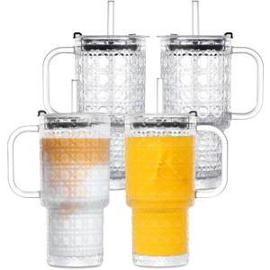16 Oz Glass Tumbler Cup With Handle, 4 Pack Iced Coffee Cup For Cold/Hot Drinks, Modern Coffee Mug Mason Jar For Smoothies, Juice, Coffee, Tea (Round Grid Pattern)