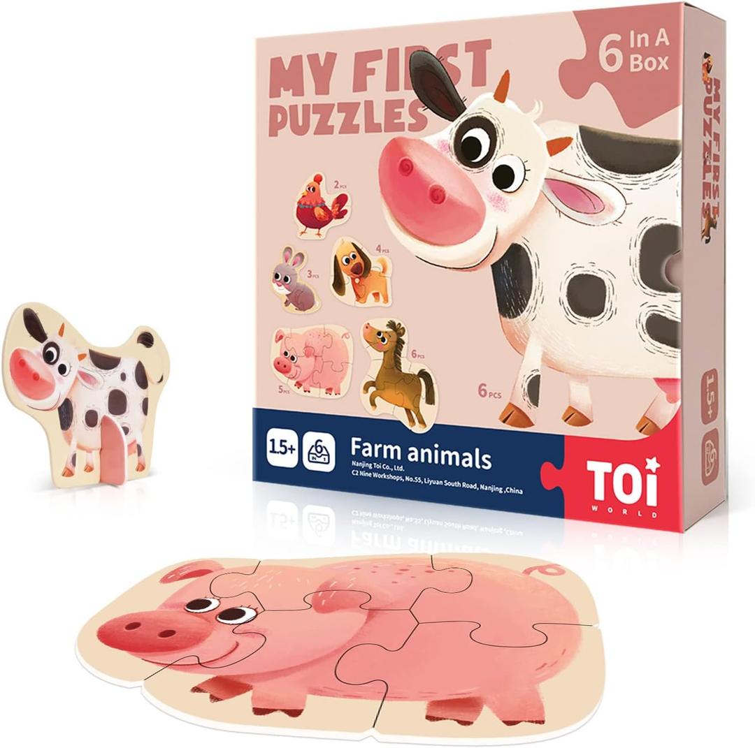 Toi Pack of 6 Large Piece Toddler Jigsaw Puzzles for Kids Aged 2.5+, Animal Shaped Floor Puzzles for Beginner, Preschool Learning Game for Boys Girls, Farm Animals
