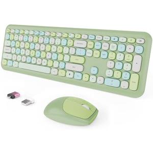 Wireless Keyboard and Mouse Combo, Colorful Ergonomic Full Size Retro Low-Noise Keyboard with Cute keycaps, Compatible with Windows, PC, Perfer for Home and Office Keyboards (Green)