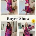 ECOWISH Long Sleeve Midi Formal Dress Women Fall Ruched Bodycon Party Cocktail Club Mesh Dresses Crewneck Floral Tie Dye Slit (S)