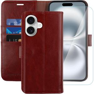 MONASAY Wallet Case Compatible for iPhone 16 5G,[Glass Screen Protector Included] [RFID Blocking] Flip Folio Leather Cell Phone Cover with Credit Card Holder, 6.1-inch, Burgundy