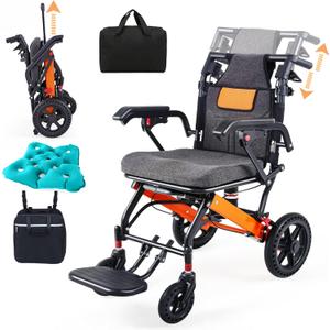 Super Lightweight Transport Wheelchair, Upgraded Adjustable Backrest Lightweight Wheelchair, Foldable Wheelchairs with Telescopic Handle, Backpacks,Travel Bags, Inflatable Seat Cushions