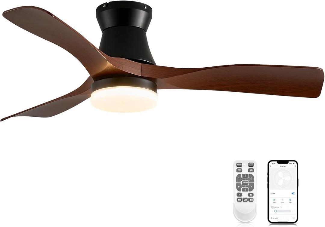 42 Inch Ceiling Fans with Lights and Remote, Low Profile Ceiling Fan,Black and Brown Grain Indoor Ceiling Fan with Quiet Reversible DC Motor,6 Wind Speeds,Chandelier Ceiling Fan For Bedroom, Medium