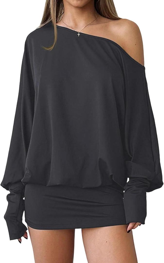 SOLY HUX Women's Long Sleeve Off The Shoulder Dress Y2k Mini Dress Streetwear Music Festival Outfits (Large, Dark Grey)