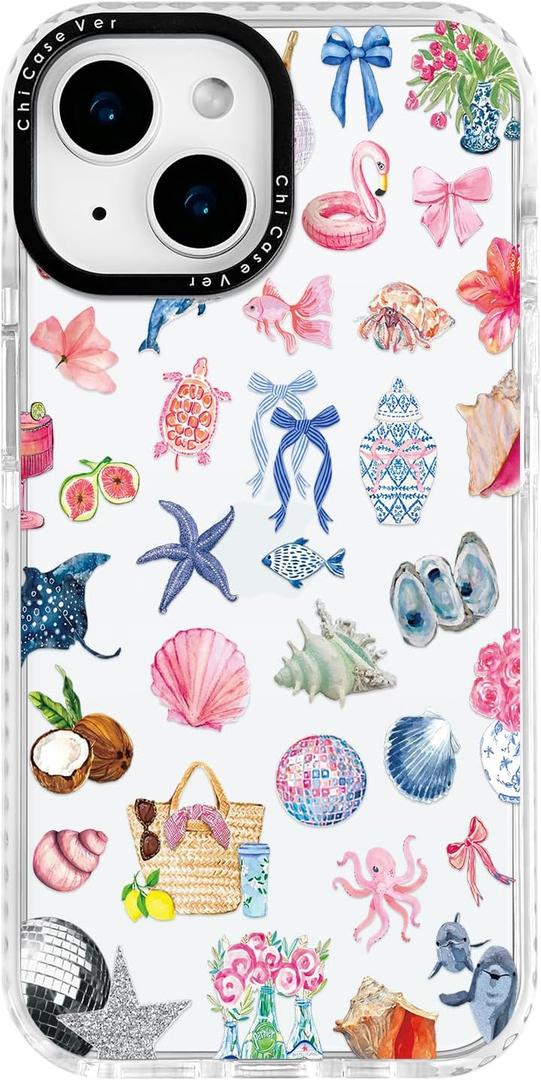 for iPhone 14 Plus Case, Tropical Beach Collage Pattern with Flamingos, Military-Grade Drop Protection, Colorful Summery Soft Slim TPU Protective & Camera Protection for Women Girls (OceanCut)