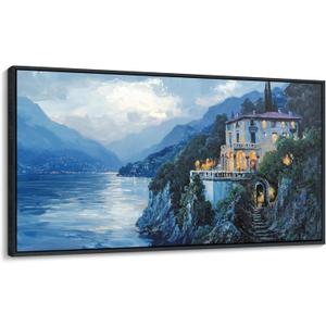 QZQCBLC Landscape Canvas Wall Art, Blue Mountains Lake Houses Green Trees Scenery Framed Paintings Artwork for Living room Bathroom Bedroom Home Office Wall Pictures Decor 20x40 IN (40L" x 20W")