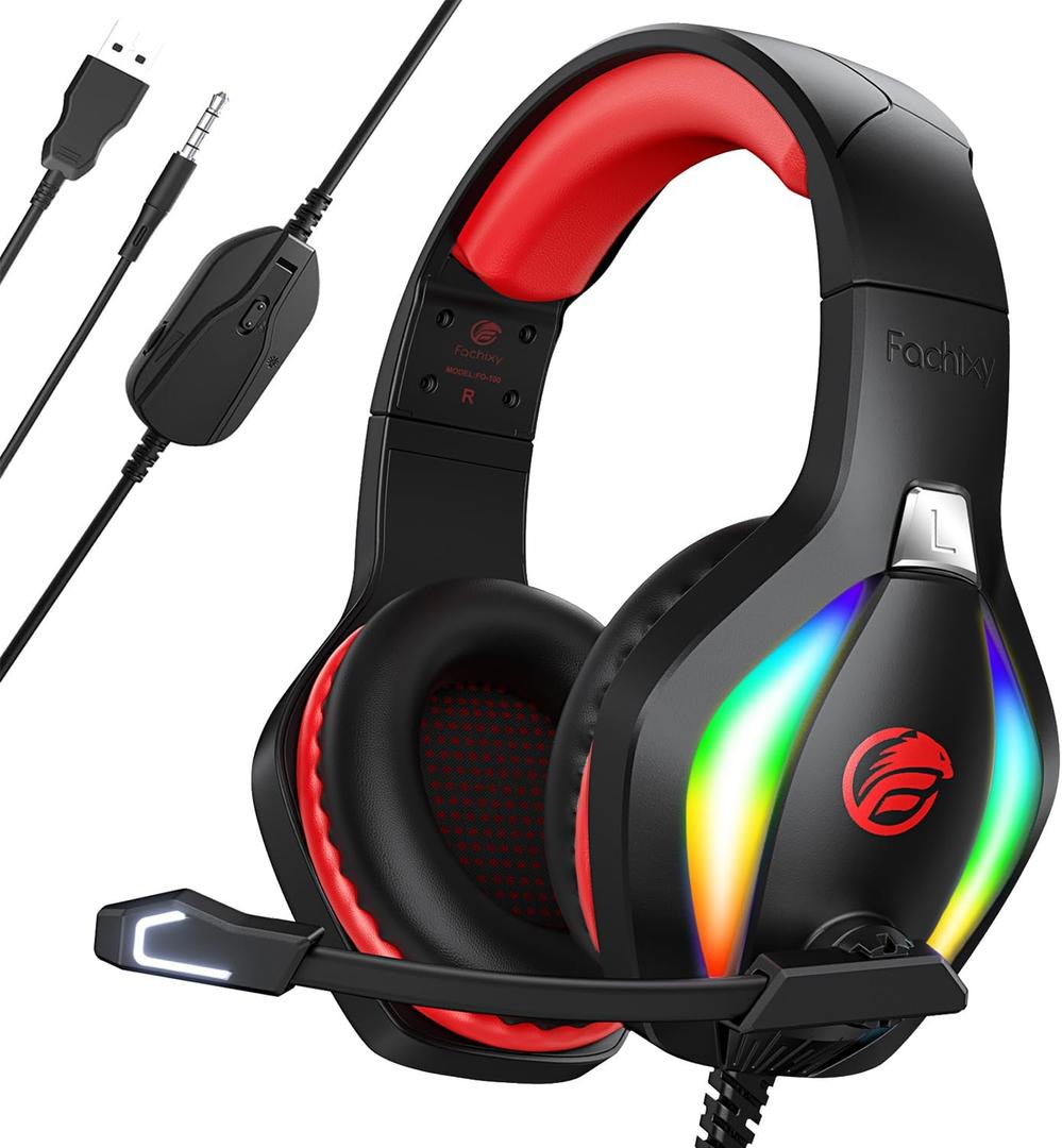 Fachixy FC100 Gaming Headset with Microphone for PS4, PS5, Switch, Xbox, PC, Mac, Gamer Headset with RGB Light, Computer Headphones with Mic (RED)