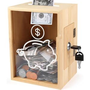 Clear Piggy Bank with Lock, Large Money Saving Jar Money Bank Box Container for Cash Saving, Openable Clear Money Coin Change Bank Jar Container Penny Piggy Jar Bank for Adults Kids, Bamboo