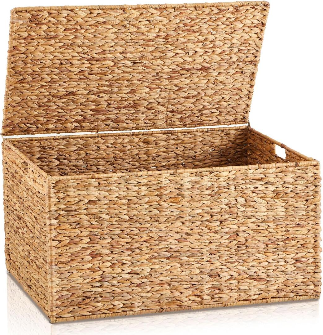 Wonderjune 36 x 20 x 18.5 Inch Water Hyacinth Wicker Storage Trunk with Metal Frame, Heavy Duty Storage Chest with Lid Large Rattan Basket for Blankets, Seasonal Clothes, Extra Bedding (Natural)