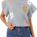 Saodimallsu Womens Summer Ruffle Short Sleeve Sweater Tops Cute Floral Knit Creweck Casual Lightweight Sweaters (Gray, S)