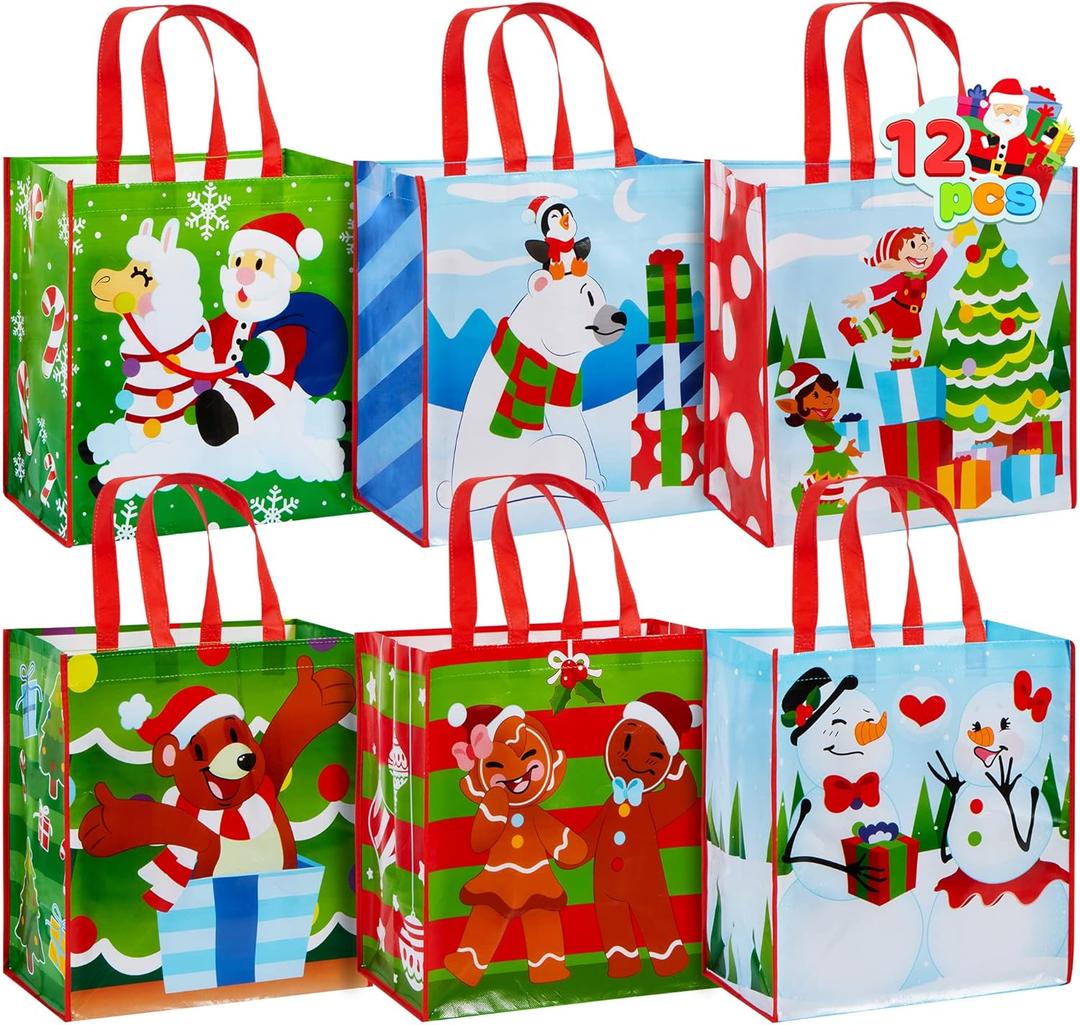 JOYIN 12 Christmas Extra-Large Gift Bags 13.75"x8"x14", Reusable Non-Woven Tote Bag With Handles for Xmas Wrapping Holiday Party Favors, Grocery Shopping (Light Blue + Green)