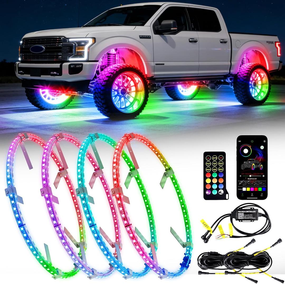 15.5inch Double Row Wheel Lights with APP & Remote Control, RGB Chasing Wheel Ring Lights with Turn & Braking Signal Compatible with Various Trucks, SUV, and Cars