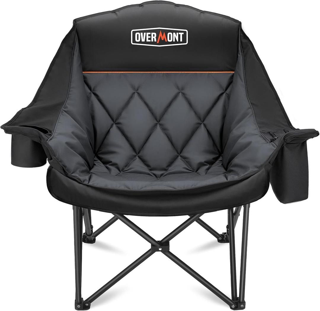 Overmont Oversized XL Camping Chair for Adults - 450lbs Support Heavy-Duty Padded Folding Chair with Side Pocket Cup Holder Cooling Bag for Outdoor Sports Garden Beach Fishing Lawn Black