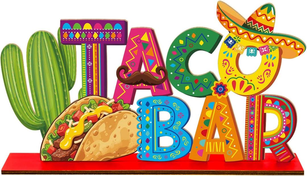 Cinco De Mayo Decorations Wooden Table Centerpiece 11.8 x 6.6 Inches Taco Bar Decorations Cactus Sombrero Taco Bar Tabletop Tiered Tray Decor for Mexican Fiesta Party Decor Supplies