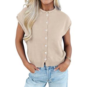 Womens Rolled Cap Sleeve Knit Top Button Front Summer Lightweight Sweater Shirt (Beige, M)