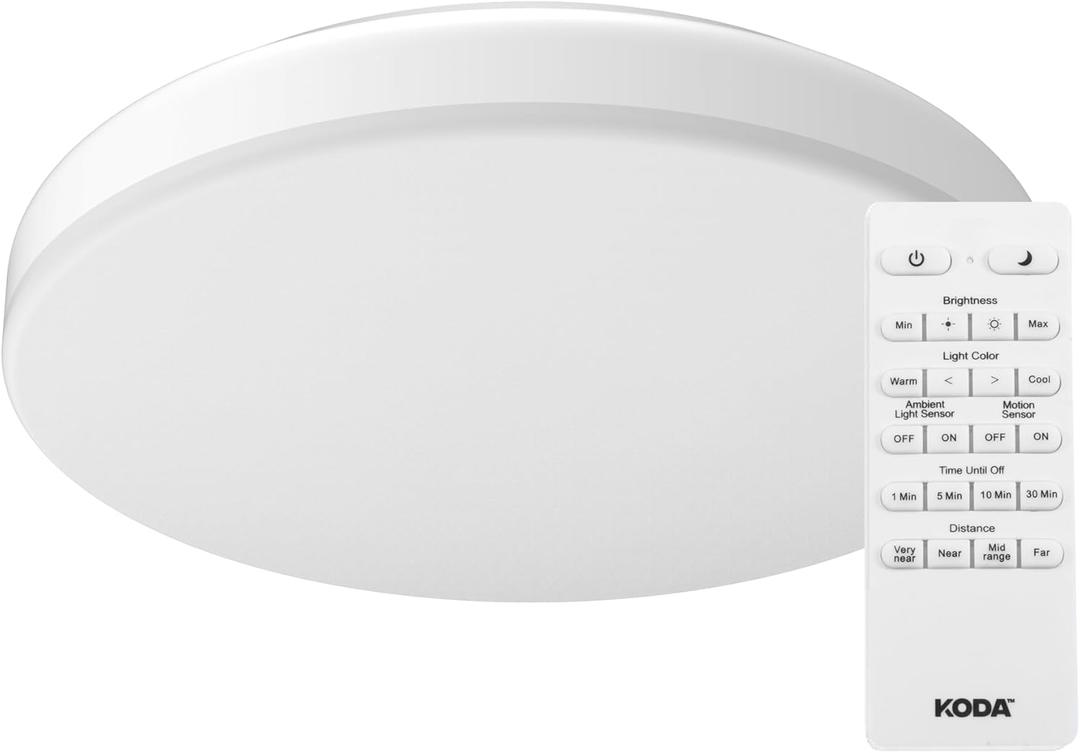 Koda | 14" LED Flush Mount Ceiling Light with Motion Sensor, Remote Control, Dimmable Brightness, 1600 Lumens and Adjustable Color Between 2700K and 5000K | Designed for The Bedroom, Hallway, Living