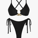 ZAFUL Women's Sexy Cutout Bikini Set High Cut Textured Metal Ring Cheeky Swimsuit Two Piece Bathing Suit, L