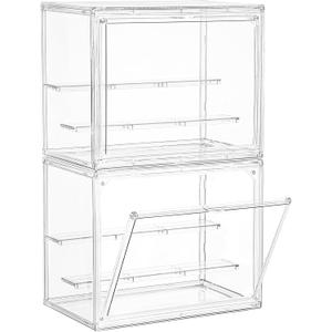 Small Acrylic Display Case for Collectibles 3 Layer Adjustable Display Case with Magnetic Door Clear Stackable Display Box for Mini Figures, 2 Pack