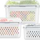 3 Pack Fruit Storage Containers for Fridge, Produce Saver Vegetable Container with Drain Colanders - Refrigerator Organizer for Lettuce Berry Keepers