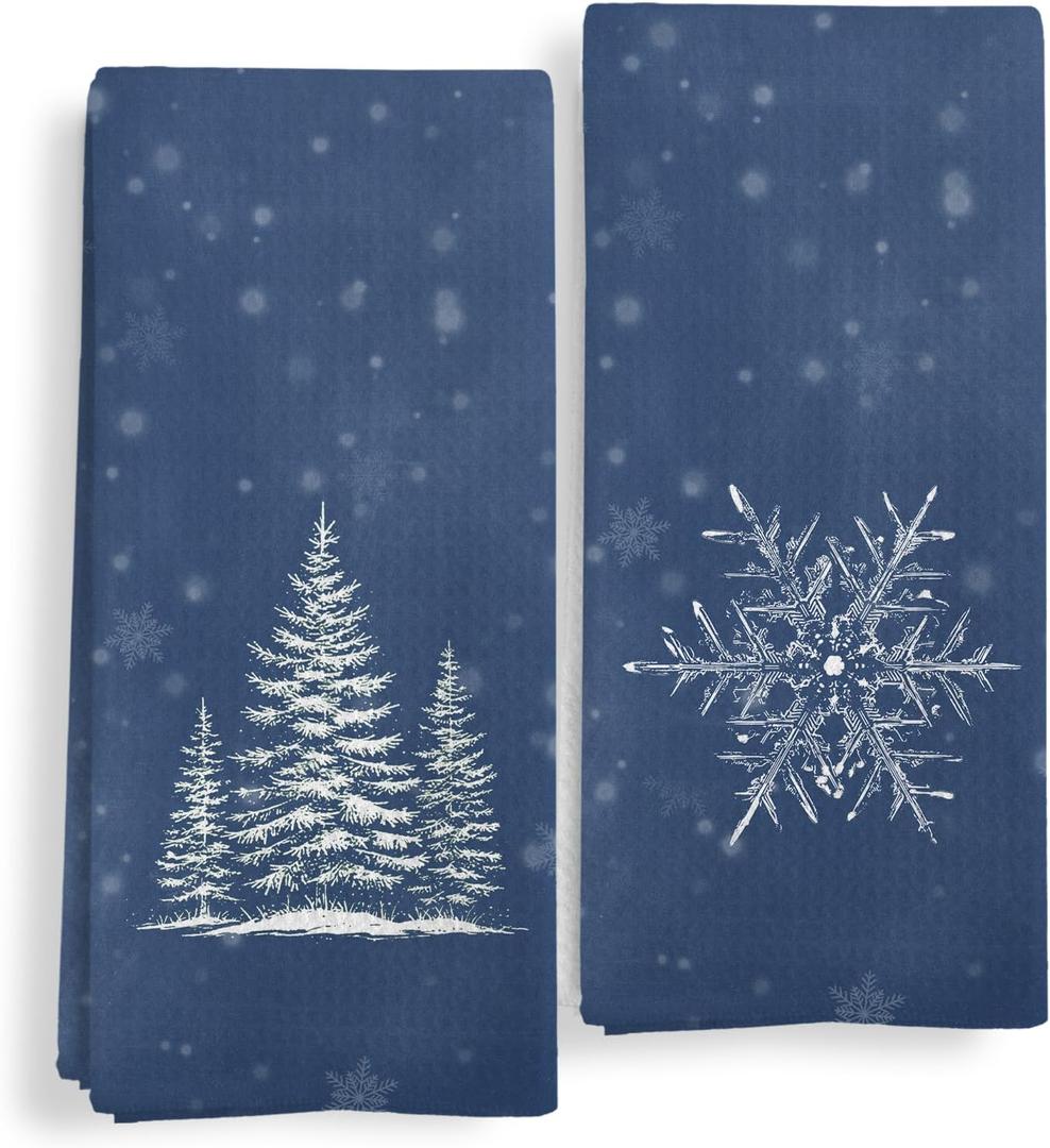 Navy Blue Christmas Kitchen Towels, Winter Christmas Dish Tea Towels, Winter Holiday Snowflake Tree Decorative Hand Towels for Bathroom Decor, 16X24In Set of 2