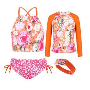 GRACE KARIN Girl Tankini Set Rash Guard Swimsuit Long Sleeve Bathing Suit Size 10 Orange Floral