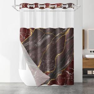 No Hook Shower Curtain with Snap in Liner Set, Red Marble Design, Waterproof Washable Fabric Hotel Shower Curtains for Bathroom Decor with See Through Mesh Top Window 54x80 Inch