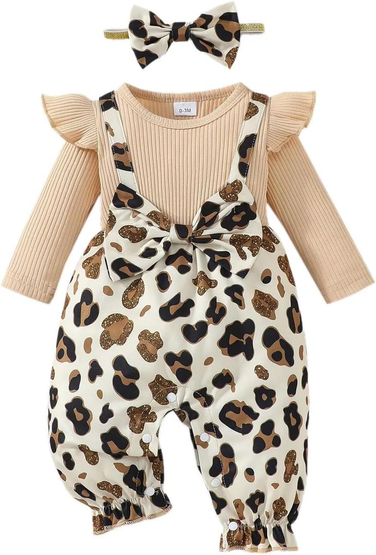 Baby Girl Clothes Fall Winter Outfit Infant Girl Plaid Long Sleeve Ruffle Romper One Piece Jumpsuit with Headband (12-18 Months, Apricot Leopard)