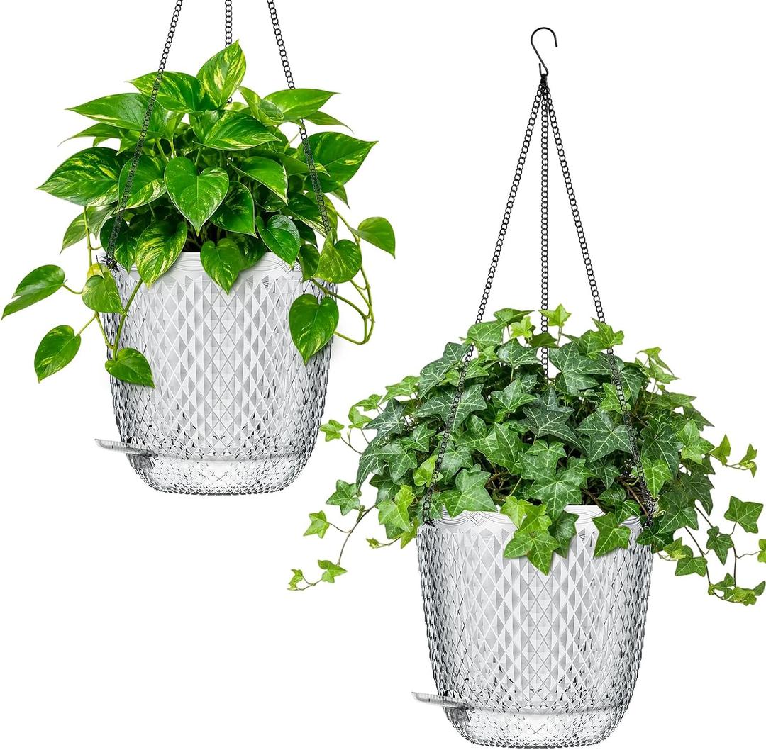 QCQHDU 7.2 Inch 2 Pack Hanging Planters for Indoor Outdoor Plants,Self Watering Flower Pots Hanging Basket,Plastic Plant Hanger with Drainage Holes and 3 Hooks for Window Porch Garden Balcony, (White)