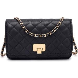 Women Black Quilted Purse Lattice Clutch Small Crossbody Shoulder Bag with Chain Strap Leather