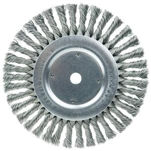 Weiler Dualife Wire Wheel Brush, Round Hole, Steel, Full Twist Knotted, 8" Diameter, 0.023" Wire Diameter, 5/8" Arbor, 1-5/8" Bristle Length, 1/2" Brush Face Width, 6000 RPM